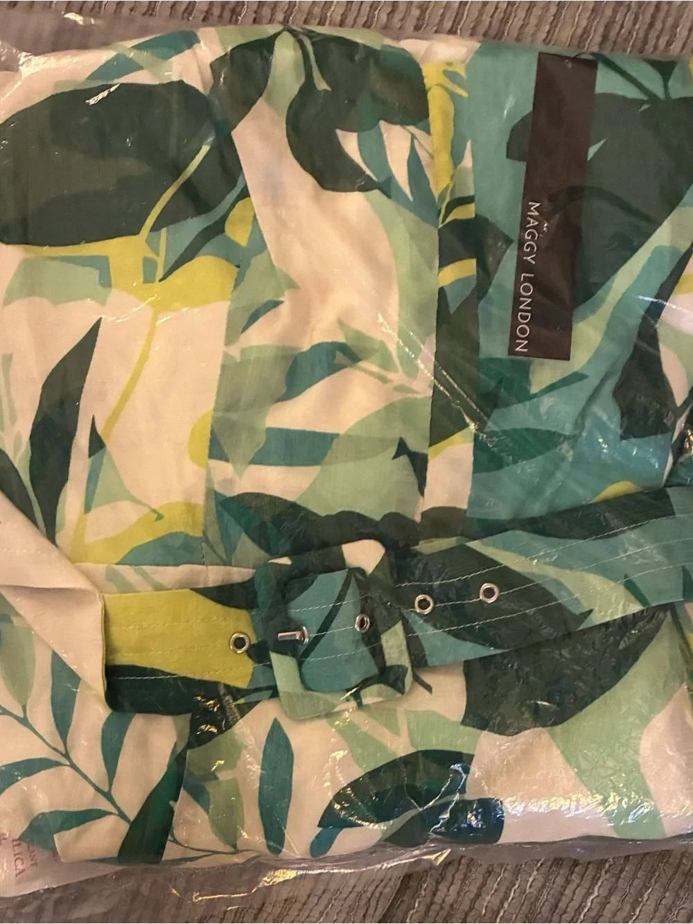 NWT Maggy London tropical Leaf-Print belted lined green/white midi Dress size 8